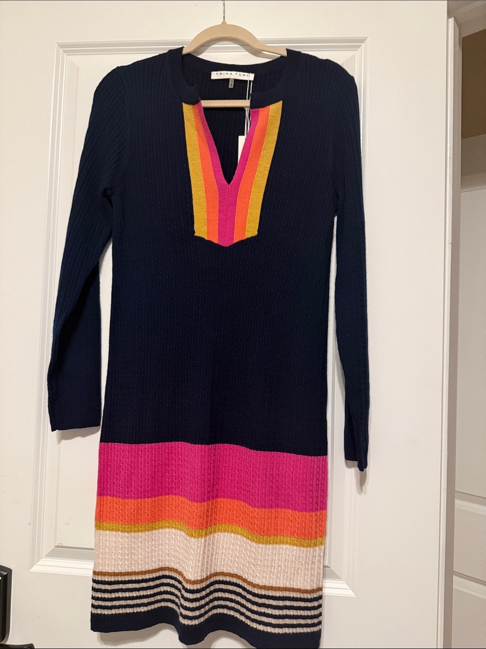 Trina Turk Navy Long-Sleeve Knit Dress with Pink, Orange & Yellow Accents